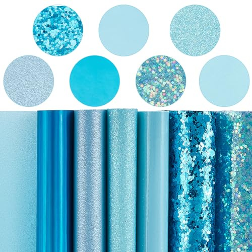 CLAFOVERA 7-pack 33 x 20 cm blå serie glitter falskt läder ark för rosett örhänge blandade tjocka solida metalliska vinyltyg rulle PU-läder glänsande konstläder för gör-det-själv hantverk tillverkning