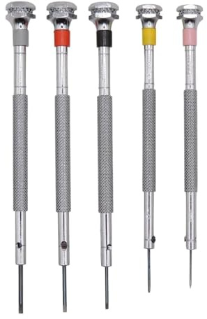 5 cacciaviti da orologiaio classici in ottone cromato con punte standard Diametro 0,60 0,80 1,00 1,2 1,4 mm