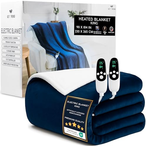 Get Trend Coperta Riscaldante Elettrica King 230x265 cm, Plaid in Pile Sherpa, 9 Livelli, Timer 12 Ore, Riscaldamento Elettrico Rapido, Idea Regalo Cosy (Blu Navy, King EU)