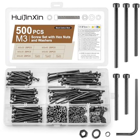 500 Stk M3 Schrauben Set, Sechskantschrauben mit Innensechskant Schrauben Muttern Sets, Zylinderschrauben mit Muttern und Unterlegscheiben Set, Schwarz Gewindeschrauben (500, M3)