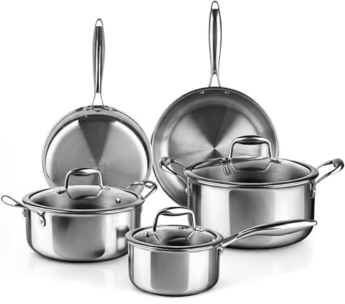 La Moustache - Juego de Ollas y Sartenes【8 Piezas】Batería de Acero Inoxidable Ø16, 20, 24 cm + Tapas de Vidrio sin PFOA para Todas las Cocinas, Incluso Inducción, Apta para Lavavajillas (Titan Inox)