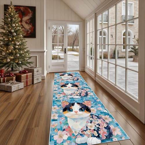 Dppyuxa Küchenläufer Cartoon Katze Waschbar und rutschfest Niedlich | Kätzchen Teppich Läufer für Küche und Flur Mosaik Blumen Küchenteppich Maschinenwaschbar Schmutzabweisend 60x120 cm