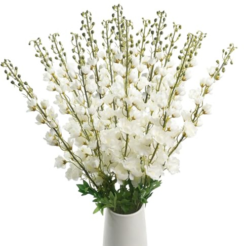 CONEHOY 14 Pcs Delphinium Artificial Flowers 33.5'' Long Stem Fake Look Real Bouquet Lifelike Faux Silk Flower for Tall Vase DIY Home Kitchen Wedding Party Arrangement Decor (White)