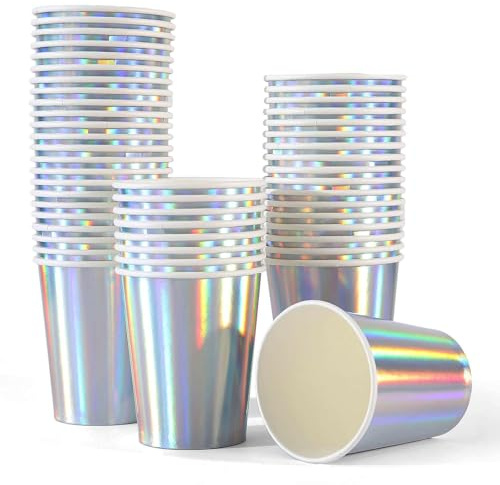Bcuuozeeing 50 stycken färgglada pappersmuggar 250 ml partymuggar för varma och kalla drycker kaffe te juice drycker silver regnbåge mugg för födelsedag, bröllop, årsdag, picknick