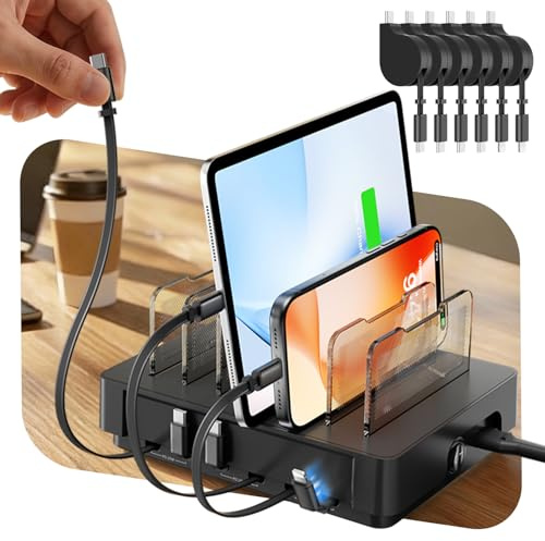 SooPii HomeHub H1 Charging Station for multiple devices,Upgraded 6-Port Desktop Fast Charger with 6 Retractable Cables（4*C+2*iP）,60W PD charger station for iPhone/Tablet,Tangle-Free Charging Organizer