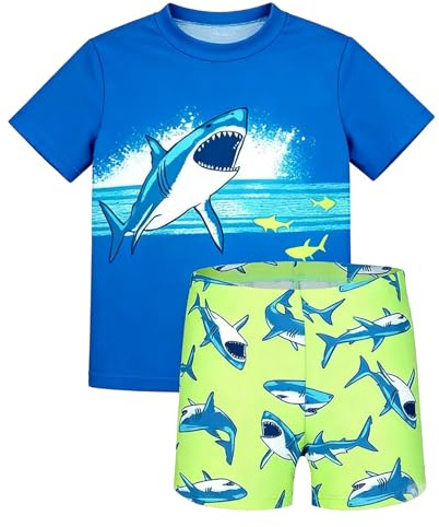 Traje de Baño Verano Niño Traje de baño de Manga Larga para niños con Estampado Azul, Incluye bañador de Manga Larga y Shorts de baño. Ropa de Playa para niños.