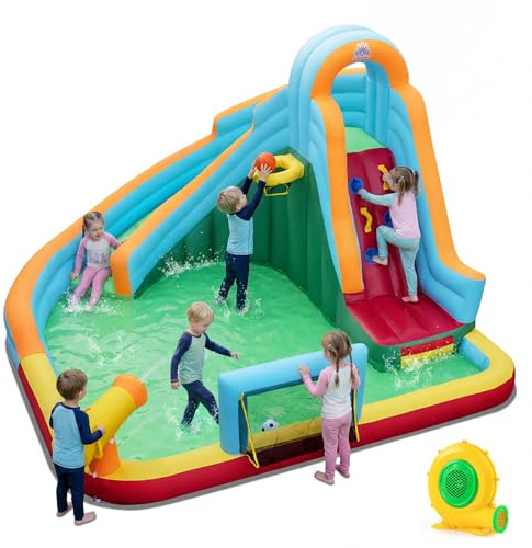 COSTWAY Castello Gonfiabile per Bambini, Scivolo Acquatico Gonfiabile con Piscina, Palline Oceaniche, Parete Arrampicata e Soffiatore 680W, per Bambini 3-12 Anni (Con Soffiatore)