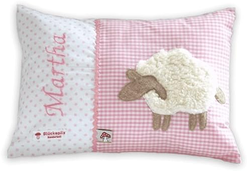 Glückspilz Namenskissen personalisiert, Babykissen mit Namen Bestickt, Schaf, Rosa, 25 x 35 cm