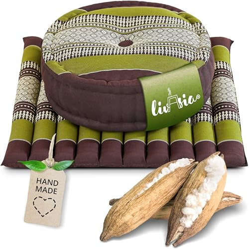 livasia Meditationsset L - Ø 38x15cm / Matte 50x50x4,5cm - Yogaset mit Kissen und Matte, Pouf, Yogamatte und Yogakissen mit Kapok handgefertigt, Bodenkissen Outdoor, Zafukissen (Braun/Grün)
