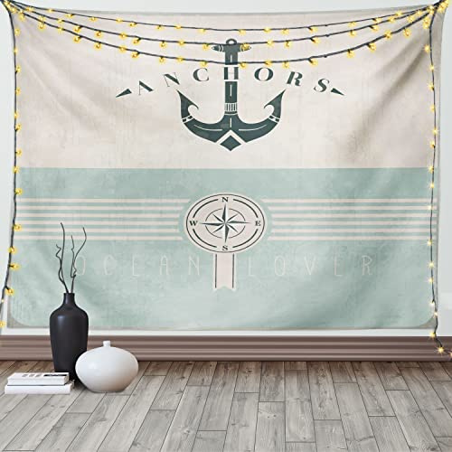 ABAKUHAUS Nautisch Wandteppich, Altmodisch Maritim Anker aus Weiches Mikrofaser Stoff Waschbar ohne Verblassen Digitaldruck, 150 x 110 cm,Seafoam Beige Reseda Grün