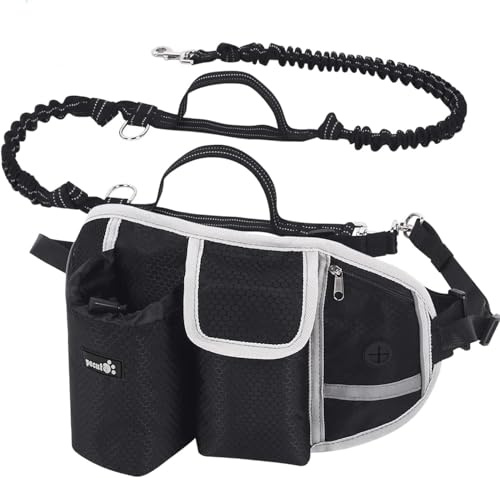 Pecute Hundkoppel hund handsfree upp till 110 kg stötdämpning, bekväm, reflekterande sömnad, perfekt för fotlöpning, jogging och promenader (svart)