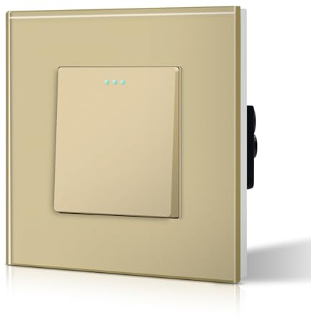 BSEED Interrupteur Mural Interrupteur à Bascule, Interrupteur Encastrable Bascule, 10A 250V Plaque De Cristal Trempé Or 1 Gang 1 Voie