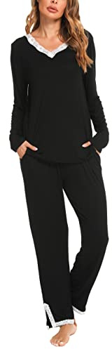 Lovasy Women's Pyjama Sets - Super Soft Long Sleeve Ladies Pjs with Pockets, V-Neck, Comfy, Black, XL