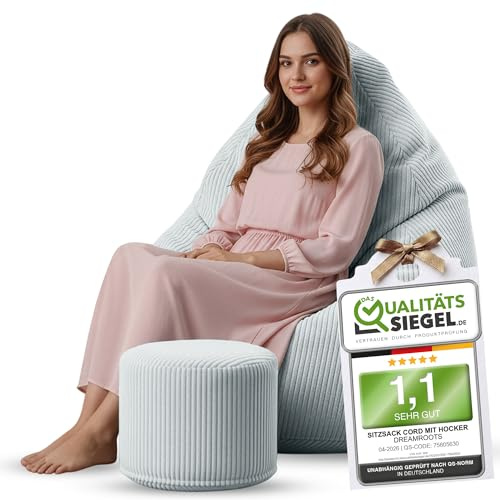 DreamRoots Sitzsack Erwachsene Cord 80x80x120 mit Hocker, Green Lily | Bean Bag Chair mit Hocker, Lehne & Bezug, mit Füllung, Sitzkissen Boden, für Teenager & Erwachsene