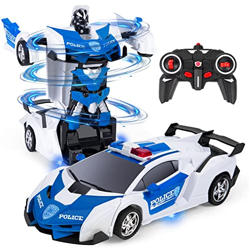 Highttoy Macchina Telecomandata Robot, Macchina Polizia Giocattolo Bambini 3-12 Anni, Trasformatore Giocattolo Auto Telecomandato Rotazione a 360° 2.4GHz 1:18 Robot Bambini Bianca