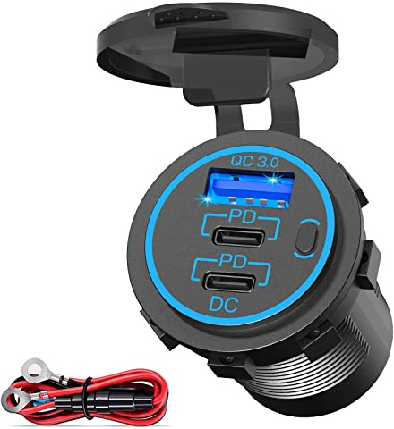USB C Car Charger Socket – 58W Lengthened RV USB Outlet 12V Socket Dual 20W PD3.0 USB-C and 18W QC3.0 Car USB Port with Button Power Switch for Boat Marine Motorcycle