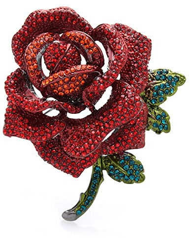 Broche de diamantes de imitación con flor de rosa para mujeres y hombres, broche de solapa de cristal rojo y verde, accesorios de vestir elegantes, ramillete Boutonniere para sombrero bolsa traje