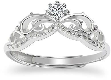 Meissa Anello Tiara in argento 925 Anello della corona principesca per le donne Unico anello di promessa regolabile con retro aperto Regali per le ragazze, Argento