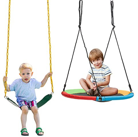RELAX4LIFE Set di 2 Altalene da Giardino per Bambini, 1 Altalena a Nido e 1 Seggiolino Altalena con Catene,Corde Sospese Regolabili, Solida Connessione, Carico 150 kg