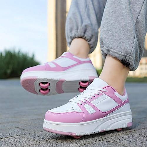 XRDSHY skor med hjul för barn, 4 rullar skateboardskor sportskor pojkar flickor, 2 i 1 multifunktionella rullskridskor utomhus löparskor, rosa – 36 EU