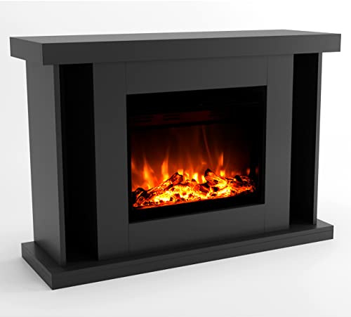 GF Core Elektrokamin mit Heizung und Kaminfeuer (Standkamin TARVOS) - elektrischer Kamin mit LED-Feuer in 3 Farben, Heizlüfter, Holz-Deko & Fernbedienung, 120x84x38 cm, Grau