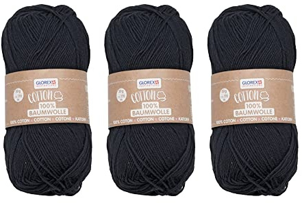 GLOREX 5 1004 55 - 3er Set Cotton aus 100 % Baumwolle, je 50 g in Schwarz, vielseitig einsetzbar, weich und waschbar