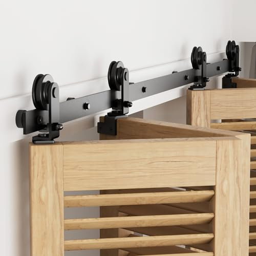 122cm/4FT Bifold Schiebetürbeschlag Schiebetüren Schiebetürsystem Komplettset Laufschiene Rollen Set Schwarz für 4 Holztür 29cm Top Mount T Rad