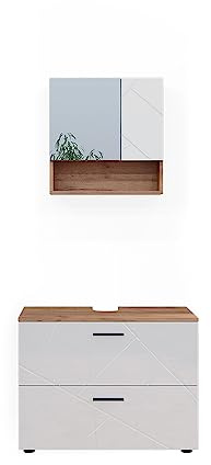 Vicco Badmöbel-Set Irma, Weiß Hochglanz/Goldkraft Eiche, 80 cm, besteht aus Badspiegel und Waschbeckenunterschrank