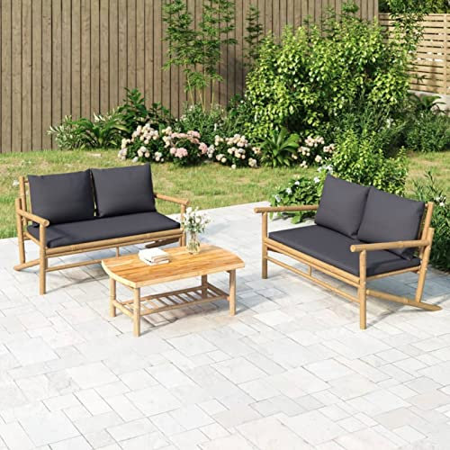 Homgoday Gartenbank mit Kissen dunkelgrau aus Bambus, Terrassensofa für den Außenbereich, Gartensofa für den Außenbereich, Gartenmöbel