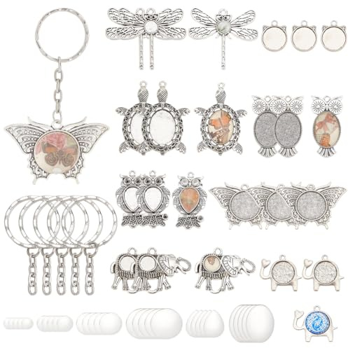 PH PandaHall Cabochon Schlüsselanhänger Herstellungsset 72 Stück Legierungs Anhänger Cabochon Fassungen Tier Anhänger Elefanten Charms Einschließlich Schlüsselringe Cabochons Für Schmuckherstellung