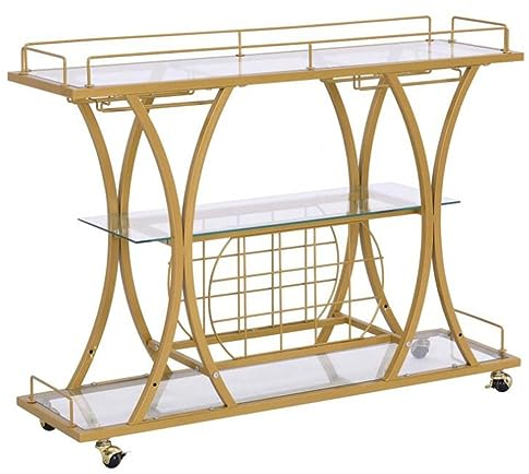 Servier-Barwagen, Küchen-Servierwagen mit Weinregalen und Glashalter, Weinwagen, 3-stufige Regale aus gehärtetem Glas für Wohnzimmer, Küche, Party (Gold 44)