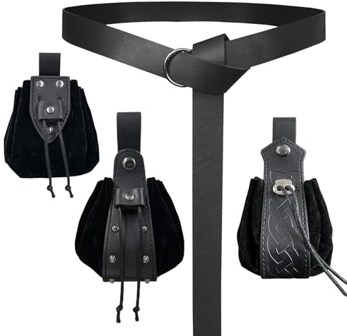 EpicCos 4 st medeltida O-ringbälte och dragskoväska set, retro fuskläder bältesväska tärningsväska bärbar myntväska för LARP (svart A)