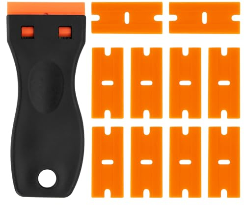 Plastic Razor Scraper Tool with 10 Plastic Razor Blades, Car Sticker Remover for Removing Glue Sticker Decals, Scraping Stickers, Labels and Decals from Glass, Windshields A3SSGD (Black)