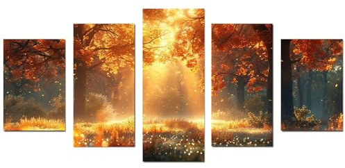 JOSUE Set 5 Quadri Albero Della Vita Da Parete Tramonto Quadri Su Tela,Oro, giallo Quadri Decorazioni Soggiorno Sala Da Pranzo Bar-80x150cm Non incorniciato