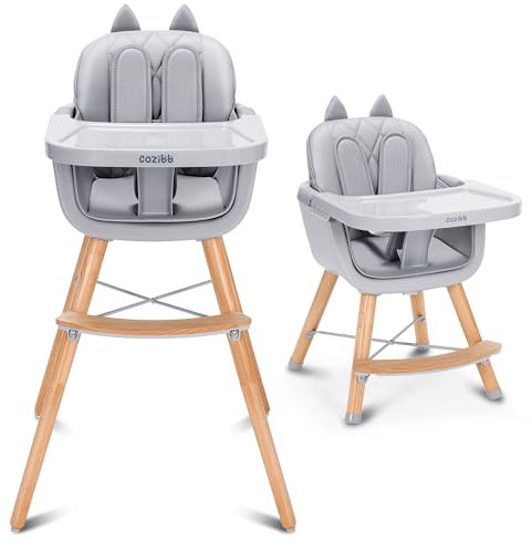 CoziBB Hochstuhl Baby, 4 in 1 Kinderhochstuhl mit 5-Punkt-Sicherheitsgurt, Fußstütze, Abnehmbarem Tablett, Rutschfesten Beinkappen, Babystuhl für 6-36 Monate,Grau