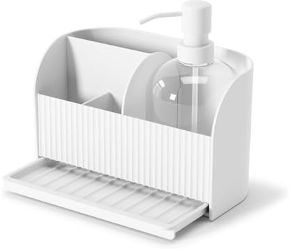 Wintem Organizador para Fregadero Blanco con dispensador de jabón 500 ml – Ideal para Mantener en Orden tu Cocina guardando Utensilios y Esponja para Platos – Cómodo Recoge Agua – 17 x 20 x 18 cm