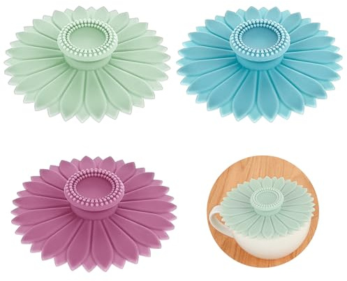 Sibba Sunflower Silicone Cup Covers 3 PCS Universal Round Covers for Containers Bowls Cups Anti Spike Leakproof Food-Grade Microwave Splatter Guard Reusable lids for Coffee/Tea Storage Organization