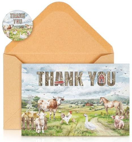 Motiskyy 36 biglietti di ringraziamento con animali della fattoria ad acquerello, 15,2 x 10,2 cm, con buste, adesivi, biglietti di auguri vuoti per agricoltori, mercati, fattoria, clienti,