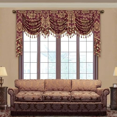 TOPLUXE Swag Volant Vorhang für Schlafzimmer Esszimmer Wohnzimmer Küche, Damast Kurzstore Waterfall Volant-Vorhang für Fenster 1 Stück (Breite 200cm, Weinrot)