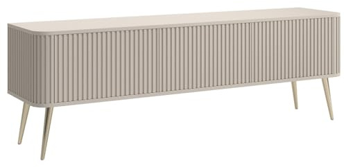 Selsey TV Schrank Lowboard Board Sideboard Fernsehtisch Fernsehschrank 163 cm 3 Türen Gerillt Goldene Beine Graubeige Ovarlo