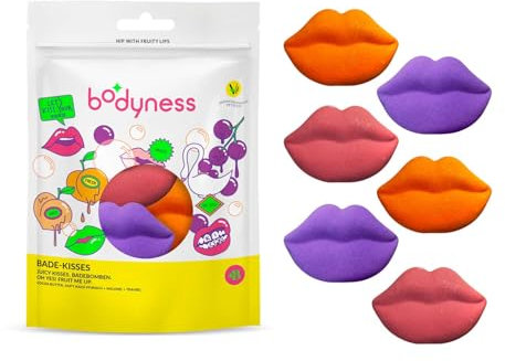 BODYNESS Kisses - Bombe de bain parfumées en forme de lèvres, boule de bain pour le soin de la peau et la détente avec beurre de cacao et arôme, 40g