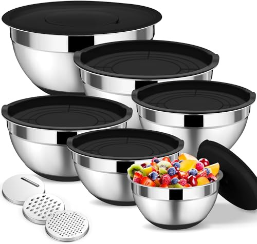 Onader Rührschüssel 6er Set, Edelstahl Schüssel Salatschüssel mit Luftdichtem Deckel & 3 Reibenaufsätzen für Küche, Schüsselset 4,6L/2,8L/2,5L/1,6L/1,2L/0,7L, Stapelbar & Spülmaschinenfest, Schwarz