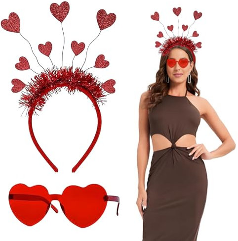 FYZSJWL 2 Stück Liebe Herz Haarreifen Partybrille Set, Herzherzige Haarreifen, Herz Randlose Sonnenbrille, Herzchen Haarreif Rot Pailletten, für Weihnachten Karneval Valentinstag Hochzeit Party