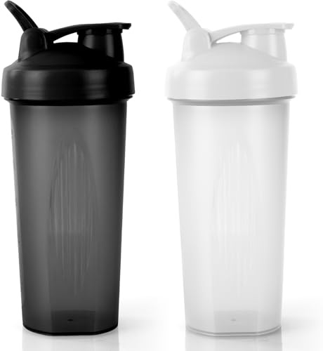 AOGOE Protein Shaker, 600ml Eiweiß Shaker, proteinshaker mit Messskala & Henkel & Kugel- BPA Frei, auslaufsicher, Langlebiger, Geruchsneutraler, Shaker für cremige Whey Proteinpulver（Schwarz+Weiß）