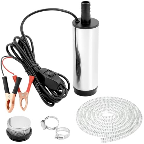 QWORK® 12V Wasserpumpe 51MM, Dieselpumpe mit Clip, Edelstahl, 3 Meter Netzkabel + 4M Schlauch, für Diesel, Kerosin, Wasser