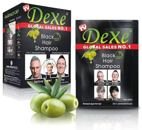 Dexe Economy Black Hair Shampoo 25ml x 10 - Schnelle Färbung, Ammoniakfrei, Langanhaltendes glänzendes Natürliche Kräuterformel | Haarfärbemittel Ginseng-Ingwer mit Kajal