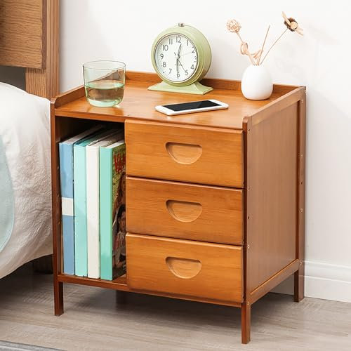 Mesita de noche de bambú con cajones y armario de almacenamiento, moderna mesita de noche para espacios pequeños, dormitorio y sala de estar, mesita de noche pequeña de pie para sofá (nogal, 42 x 31 x