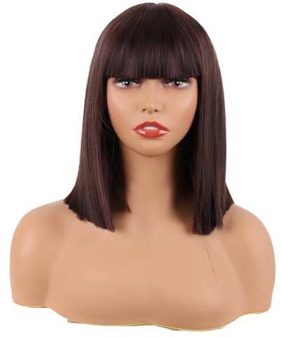 MapofBeauty 12 pulgadas/30 cm recto Bob con flequillo plano corto colorido fibras sintéticas Cosplay fiestas peluca (marrón oscuro)