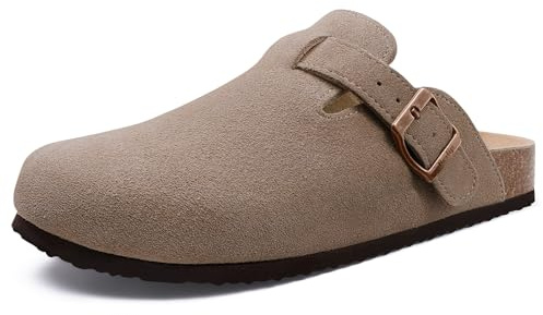 Beslip Women's Suede Clogs Soft Cork Footbed Leather Mules Comfort Potato Shoes with Arch Support, Mocha Women Size 5.5-6