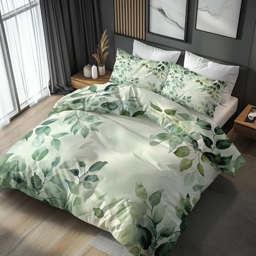 NOGAWA Eukalyptus Bettwäsche 200x200 - Bettbezug 200x200 Grüne Blätter, Bettwäsche-Sets 3 teilig, Weich Mikrofaser Wendebettwäsche und 2 Kissenbezug 80x80 mit Reißverschluss